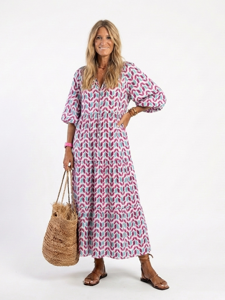 Marta | SUKIENKA MIDI Z DŁUGIM RĘKAWEM W GEOMETRYCZNY NADRUK