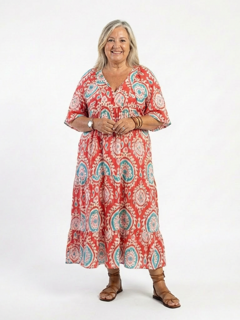 Barbara | SUKIENKA MIDI Z KRÓTKIM RĘKAWEM NADRUK PAISLEY, Z KOLOREM V, Z KRÓTKIM RĘKAWEM