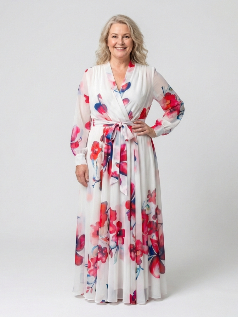 Karolina | Kopertowa sukienka maxi w kwiaty z długim rękawem