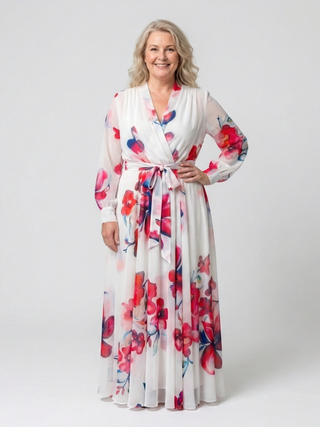Karolina | Kopertowa sukienka maxi w kwiaty z długim rękawem